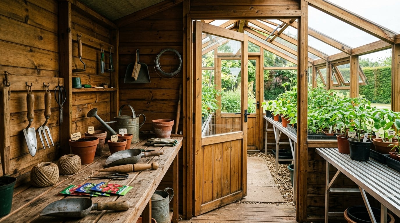 Inside view of Swallow combi greenhouse shed compartment showing potting bench, tools and partition door to glazed growing side
