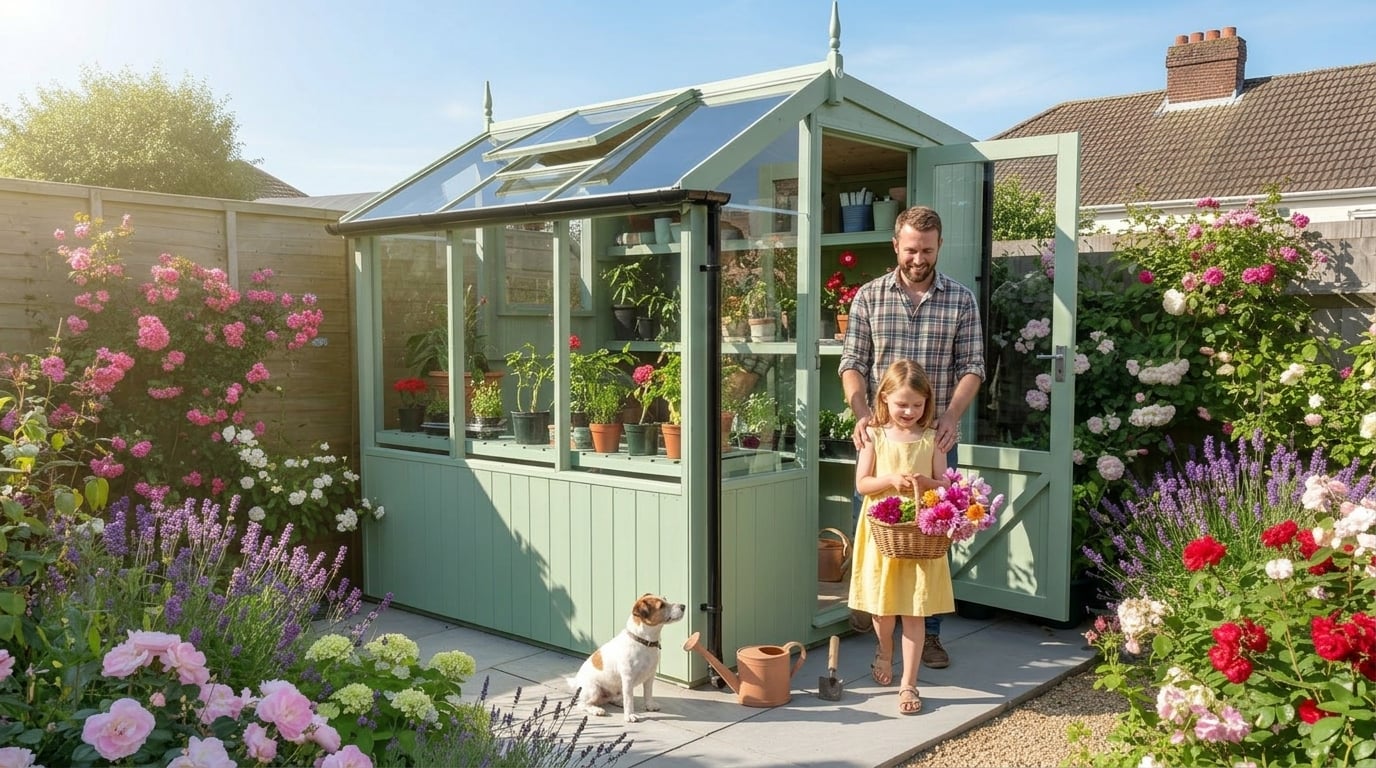 Sage green Swallow Jay 6x6 painted potting shed with father and daughter carrying basket of cut flowers, Jack Russell on patio
