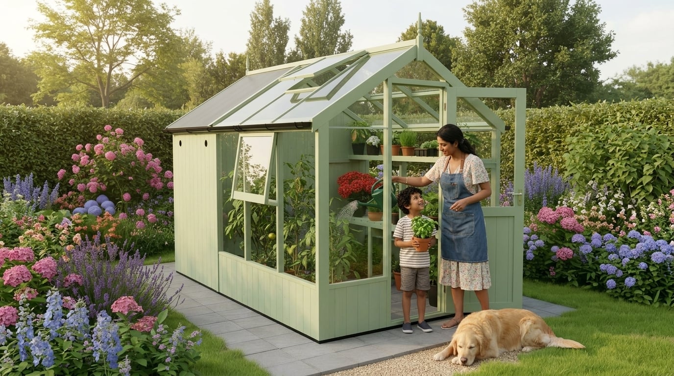 Sage green Swallow Kingfisher 6x6 combi greenhouse with mother and son watering tomatoes, golden retriever on patio