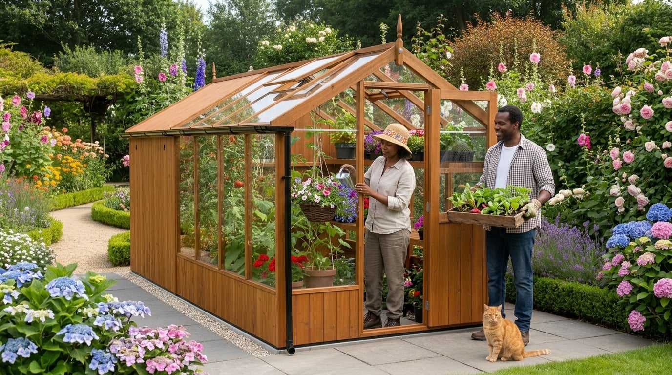 Natural ThermoWood Swallow Kingfisher 6x8 combi greenhouse with couple gardening, ginger cat on the path