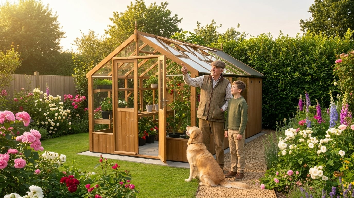 Swallow Raven 8x10 combi greenhouse with grandfather and grandson inspecting tomatoes, golden retriever on the gravel path