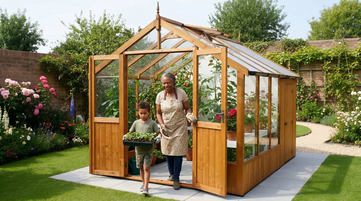Swallow Raven 8x6 thermo wood combi greenhouse in UK suburban garden with grandmother and grandson carrying a seed tray