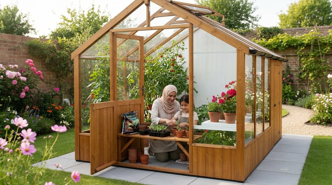 Swallow Raven 8x6 combi greenhouse in walled garden with mother and daughter potting seedlings together