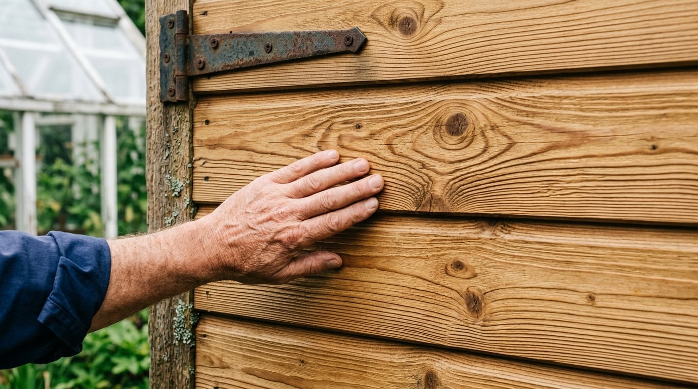 Close-up of Swallow ThermoWood timber cladding showing rich golden grain and iron hinge