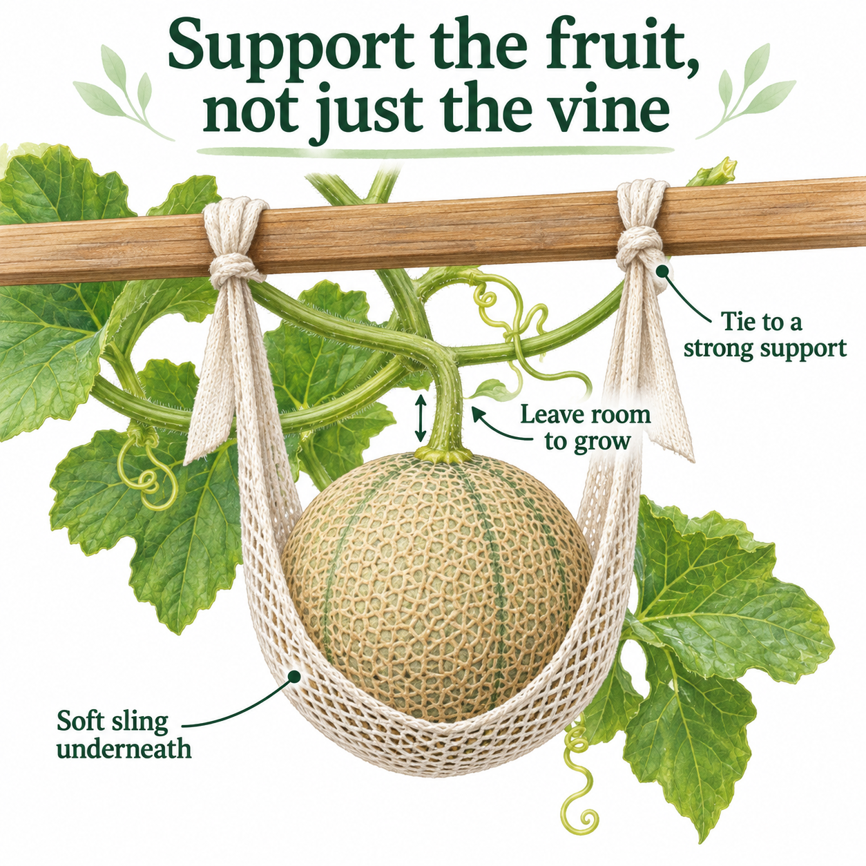 Illustration of a melon supported underneath in a soft mesh sling tied to a separate strong rail