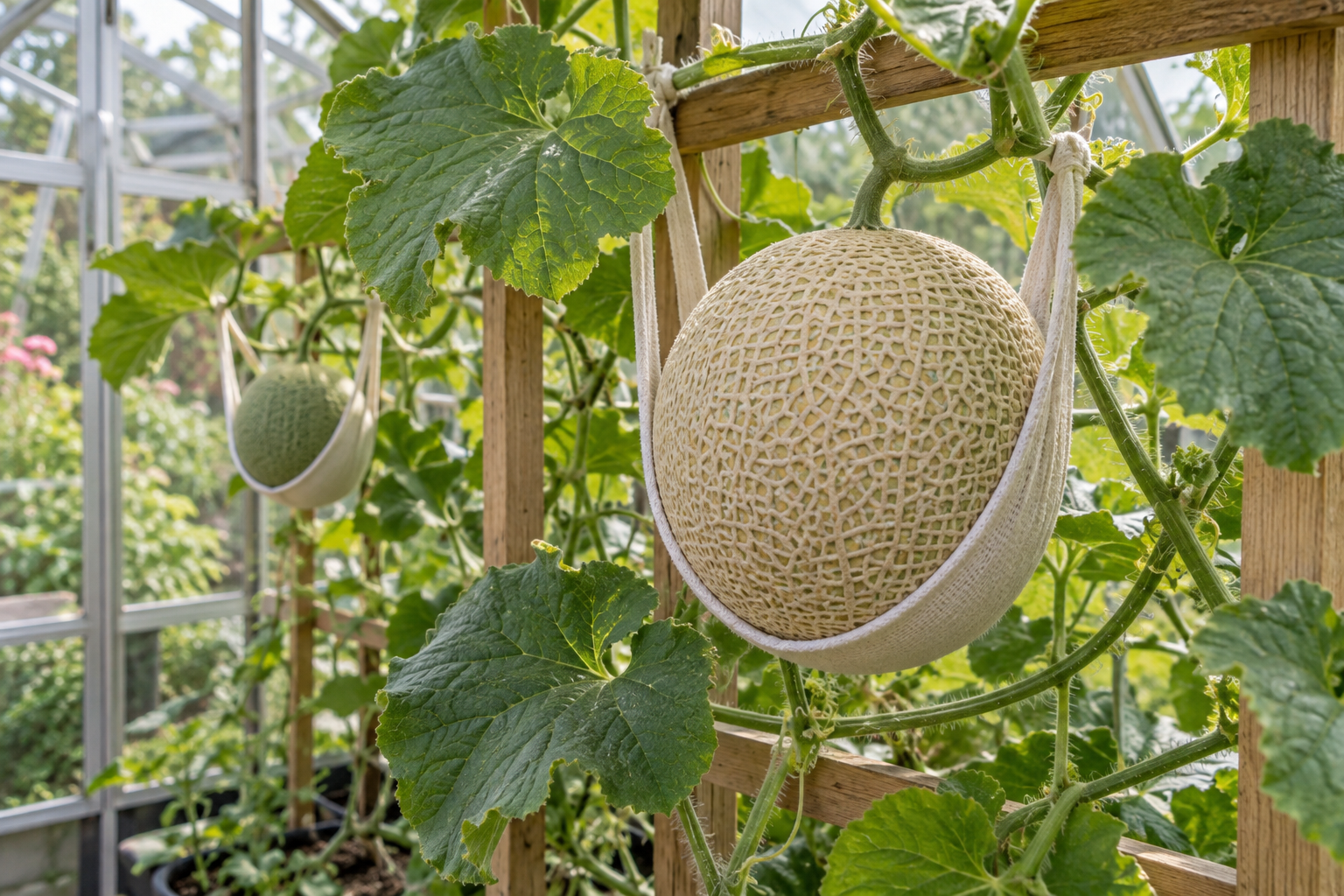 Illustration of netted dessert melons supported in soft slings inside a greenhouse