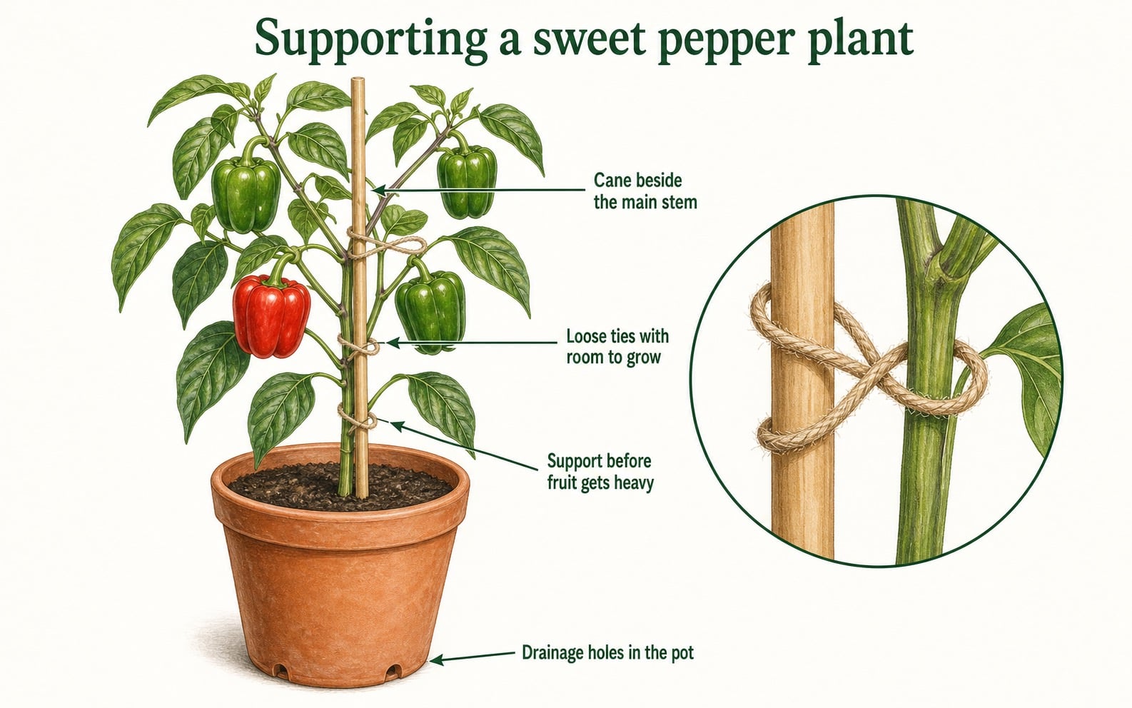 Illustration of a sweet pepper plant supported by a cane and loose ties, with drainage holes in its pot