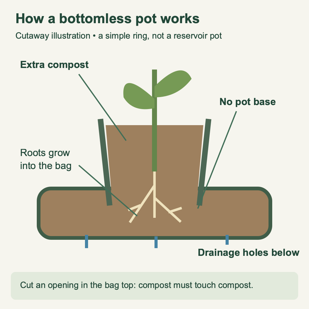 Cutaway showing a bottomless pot with roots growing into growbag compost through an opening in the plastic