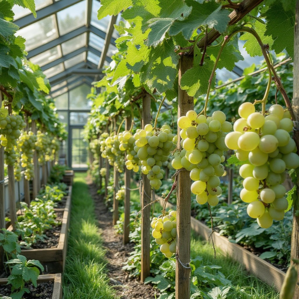 Grape bunches hanging from trained growth inside a greenhouse