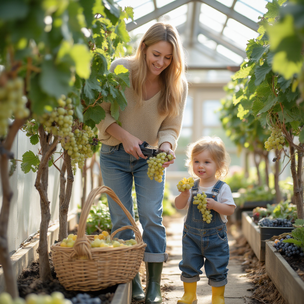 Illustration of grape harvesting inside a greenhouse