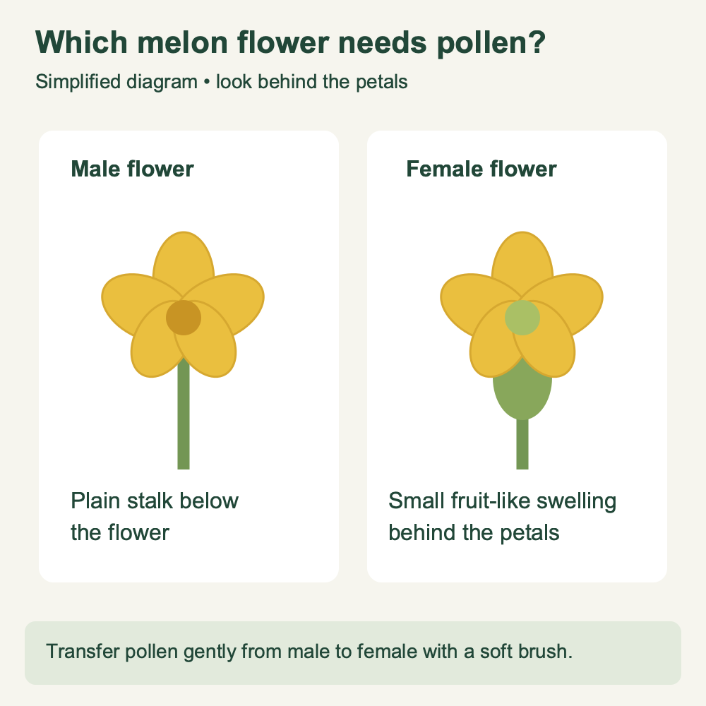 Simple diagram comparing male melon flowers with female flowers showing a swollen base