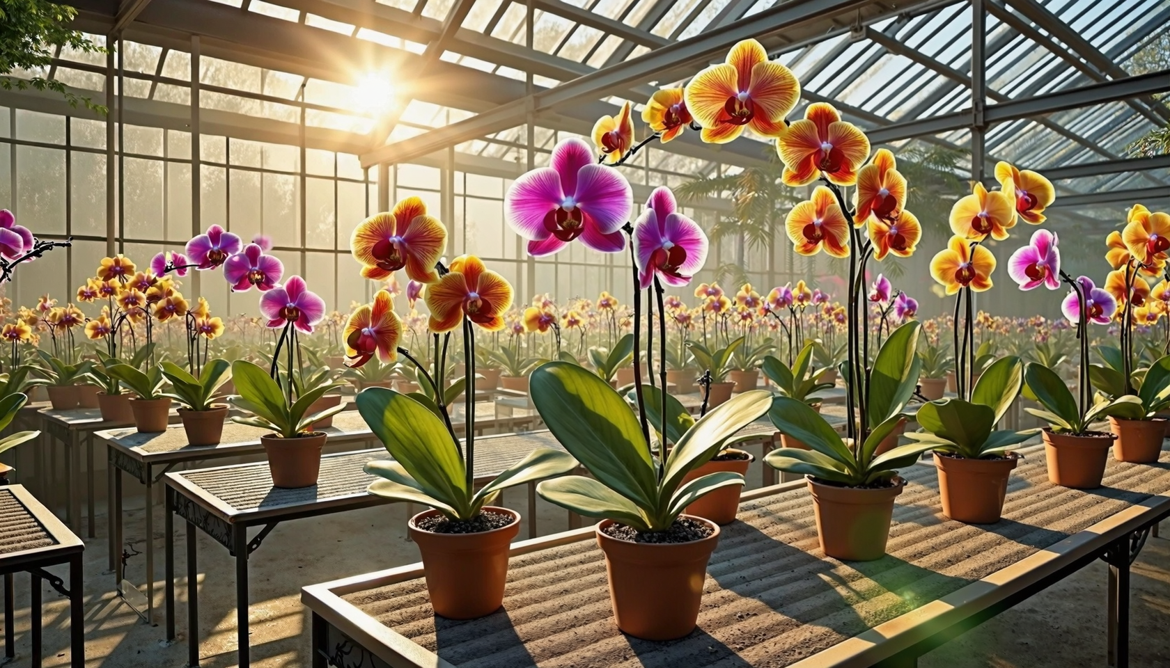Orchid display on greenhouse staging