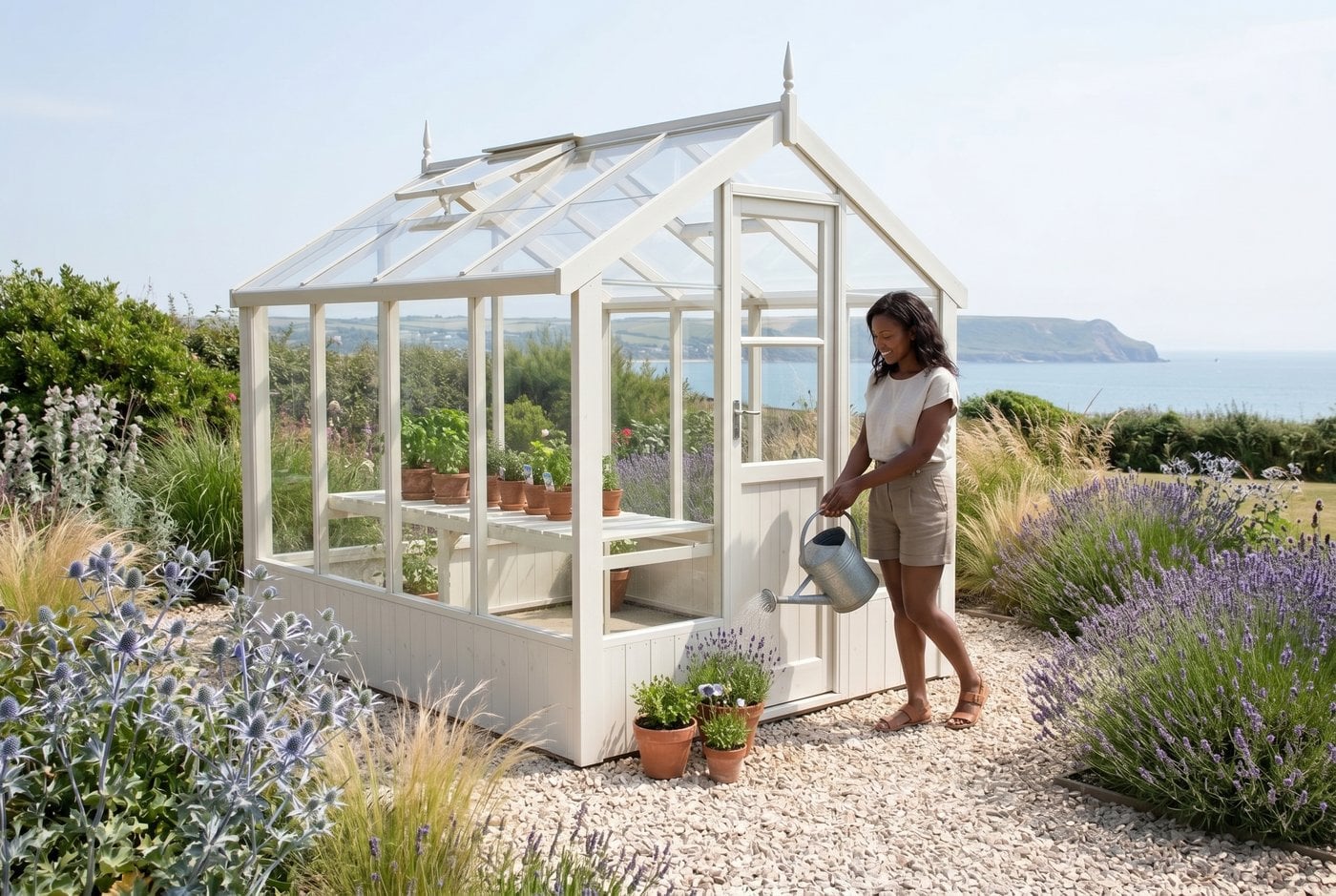 Painted cream Swallow Kingfisher 6x8 ThermoWood wooden greenhouse in a UK coastal cottage garden with sea view and lavender