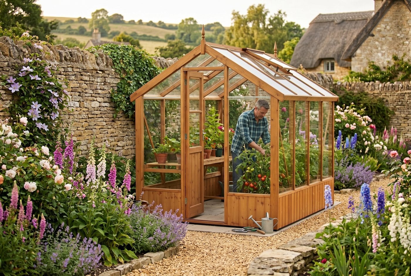 Swallow Kingfisher 6x8 ThermoWood wooden greenhouse in a Cotswold cottage garden with dry-stone walls and a gardener tending tomatoes