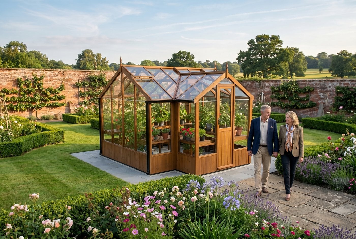 Swallow Mallard 8x11 T-shaped oiled ThermoWood wooden greenhouse with porch in a traditional English walled kitchen garden