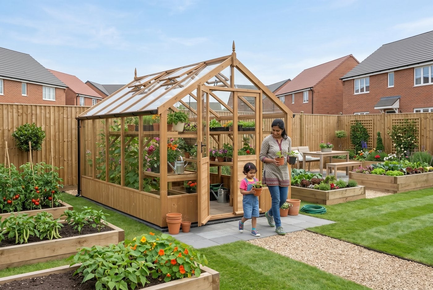 Swallow Raven 8x10 ThermoWood wooden greenhouse with double doors in a modern UK family garden with raised vegetable beds