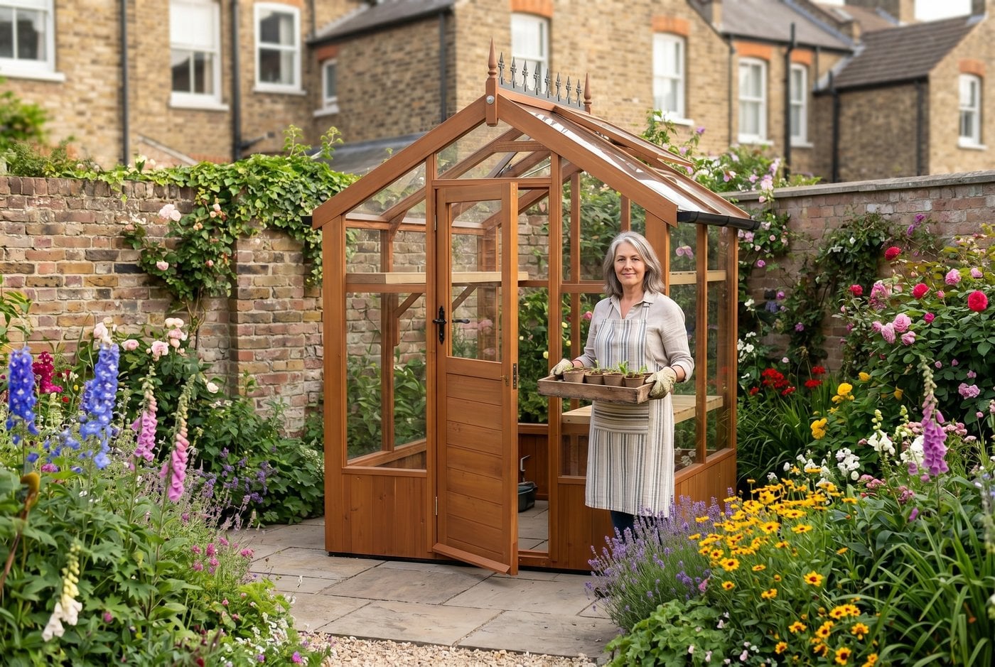 Swallow Robin 5x4 ThermoWood wooden greenhouse on a paved patio in a UK suburban walled garden with a gardener holding a seed tray