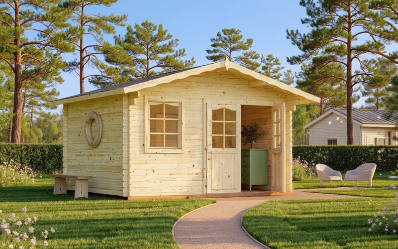 Palmako Emma 3.6x3m log cabin summerhouse in a UK garden setting