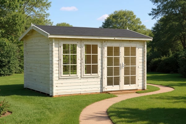 Palmako Iris 4.1 x 3.2m log cabin sited in a UK lawn with timber decking