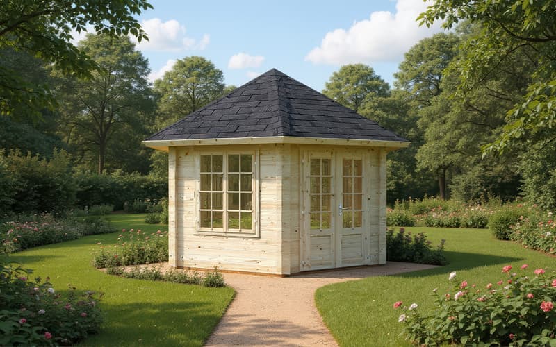 Palmako Hanna 3x3m corner log cabin summerhouse positioned in the corner of a UK garden