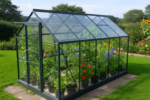 Green-framed Vitavia Venus 6x10 greenhouse with toughened glass sited on a brick base in a UK garden