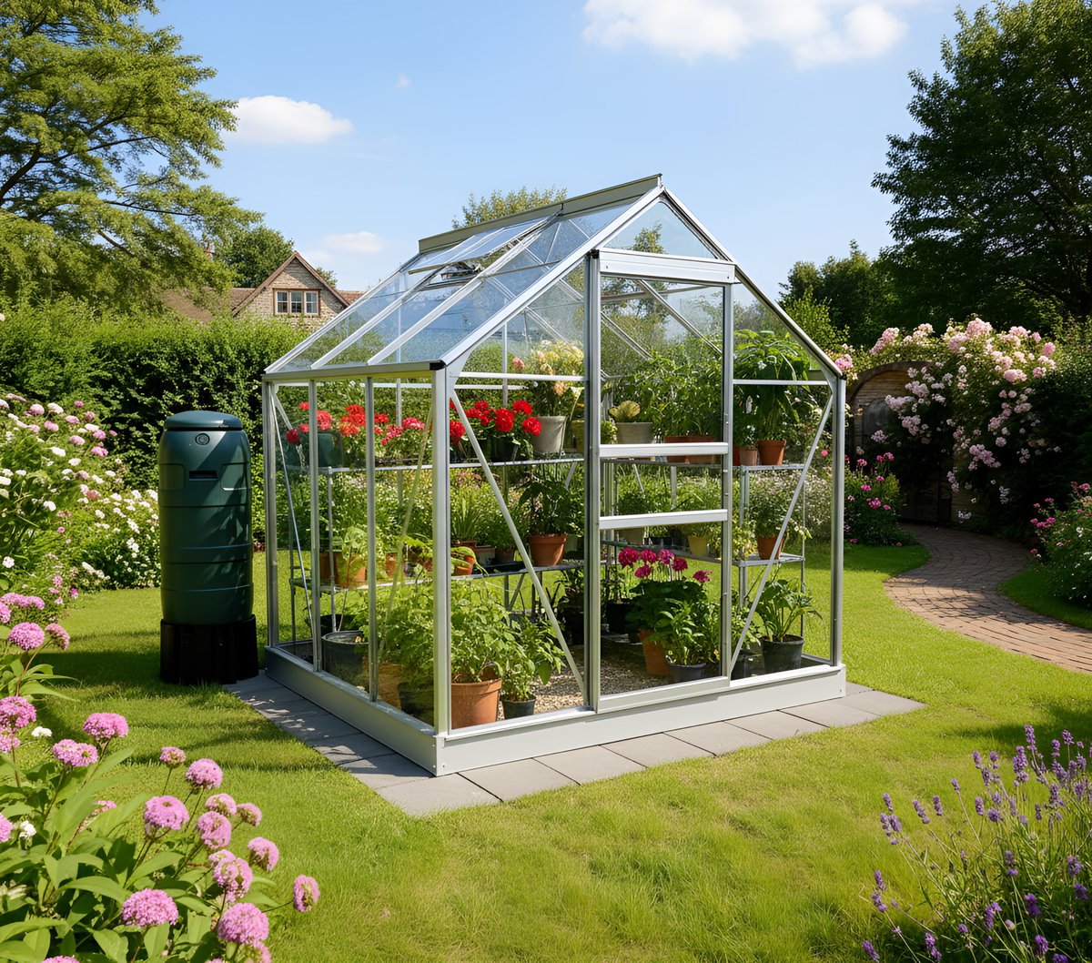Vitavia Venus 6x6 toughened glass greenhouse with tomato plants in pots benefiting from used coffee ground mulch in a UK garden