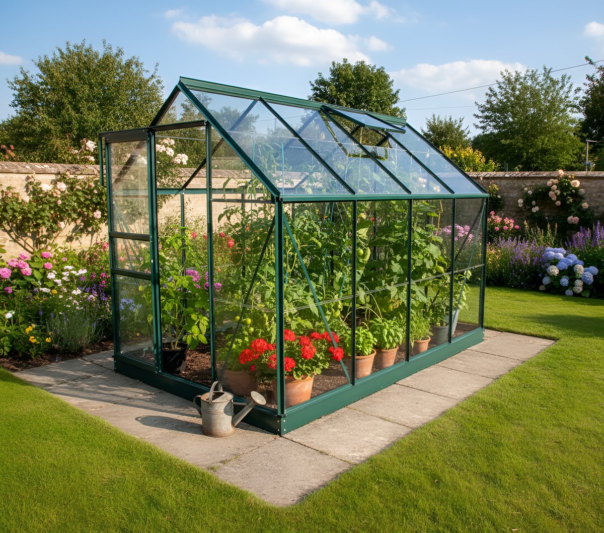 Vitavia 8x6 Venus 5000 green aluminium gable apex greenhouse fitted in a UK garden on a paved base, showing the symmetric pitched roof shape and double sliding doors