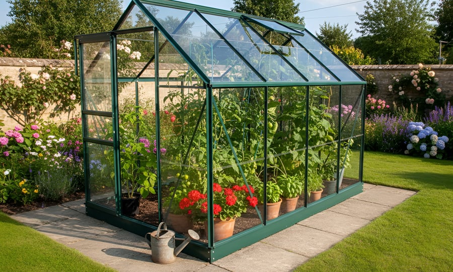 Vitavia 8x6 Green Venus 5000 Greenhouse in a UK garden in June with mature tomato plants visible inside