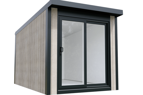 Calmpod 8x12 insulated garden room with sliding glass doors set on a paved UK terrace