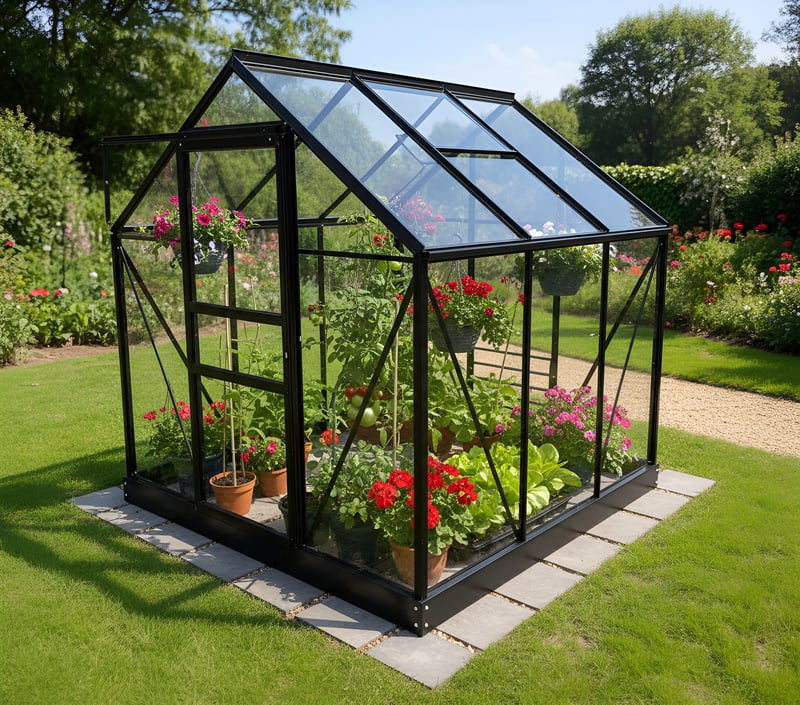 Vitavia Venus 3800 black 6x6 greenhouse in a modern UK garden