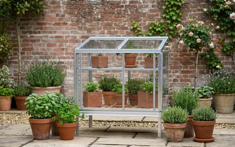 Access Herb House silver aluminium mini greenhouse with 4mm toughened glass and 25 year warranty in a UK garden against a brick wall with terracotta herb pots