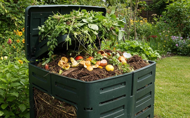 Active compost bin receiving summer garden waste and kitchen scraps for sustainable gardening