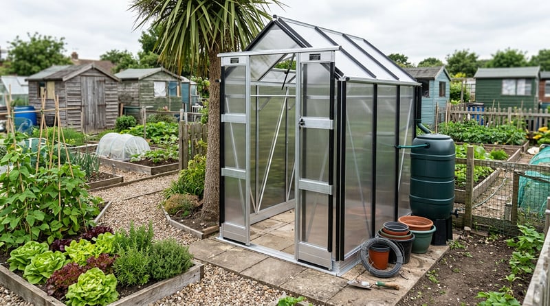 Elite Compact 4x6 polycarbonate greenhouse on a narrow UK allotment plot with paving slab base
