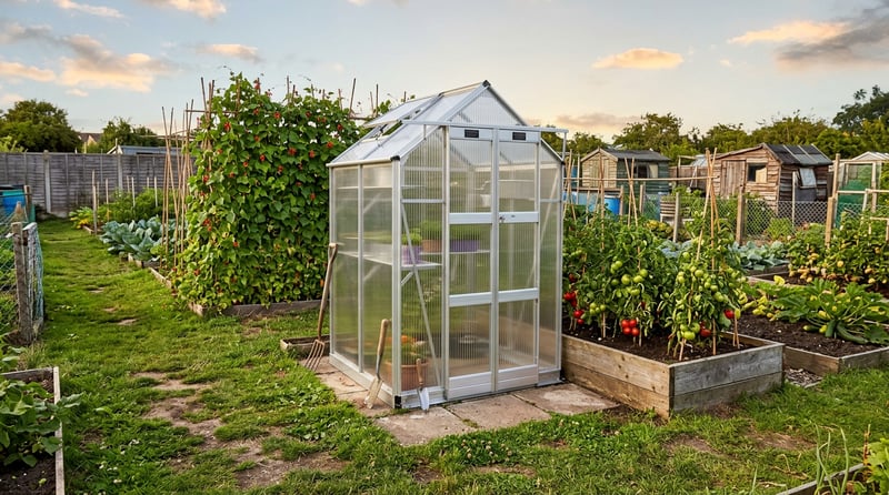 Elite Streamline 5x4 greenhouse on a sunny allotment plot with runner bean canes and a grass path