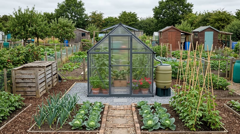 Palram Canopia Hybrid 6x6 Grey polycarbonate greenhouse on a UK allotment plot with vegetable beds and compost bin