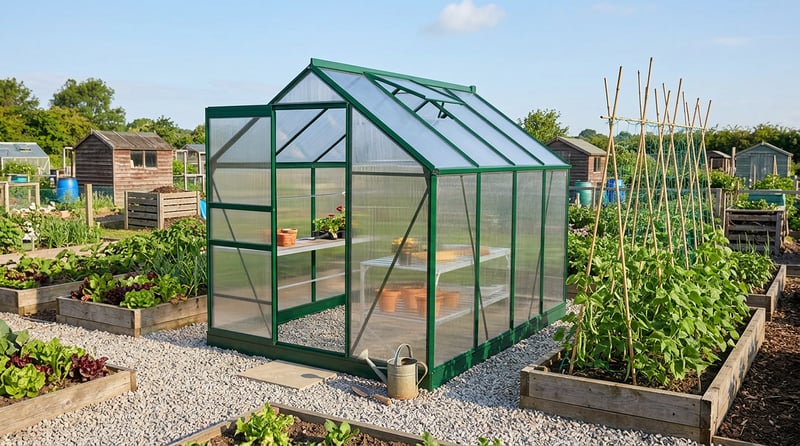 Vitavia Venus 5000 Green polycarbonate greenhouse on a UK allotment plot surrounded by raised vegetable beds