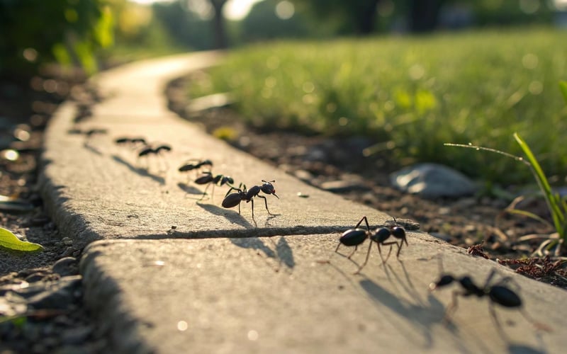 Ants following pheromone trail through garden paving