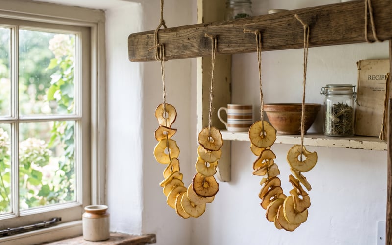 Apple rings threaded on garden twine hanging from a wooden rail in a UK cottage kitchen with sash window and recipe book on the shelf