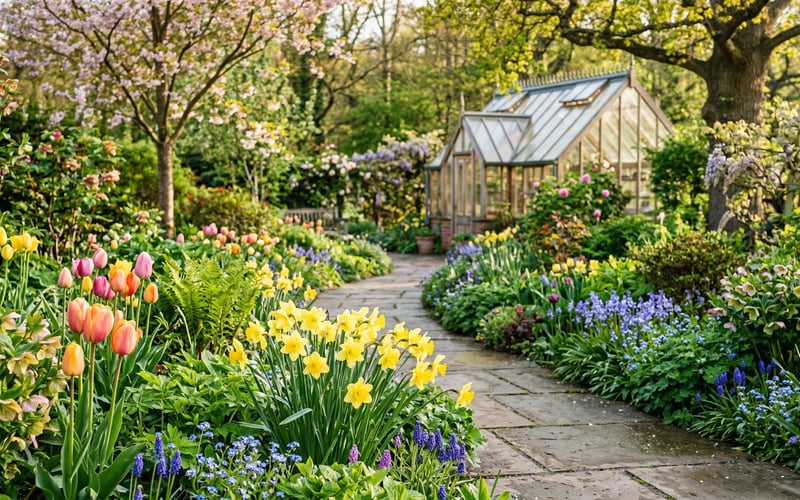 April gardening jobs UK - spring garden with greenhouse and blooming flowers