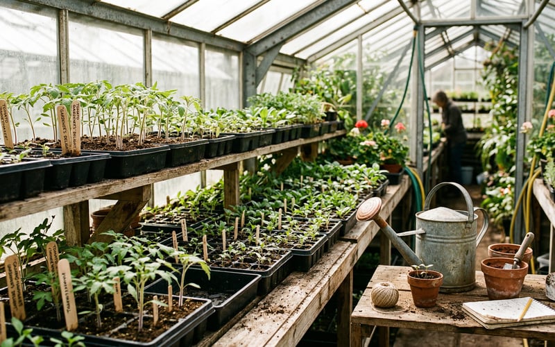 April greenhouse jobs - seedlings growing on staging shelves inside a greenhouse