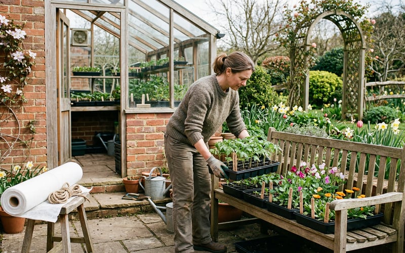 Hardening off seedlings in April - young plants being placed outside a greenhouse