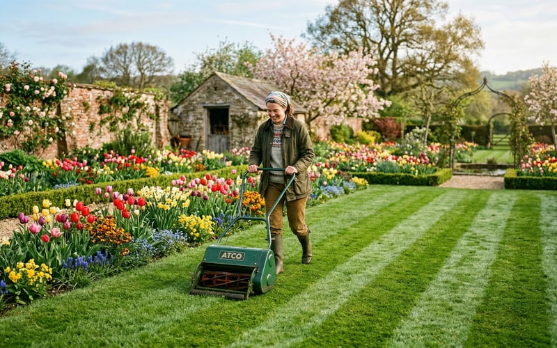 April lawn care - first mow of the season on a UK garden lawn