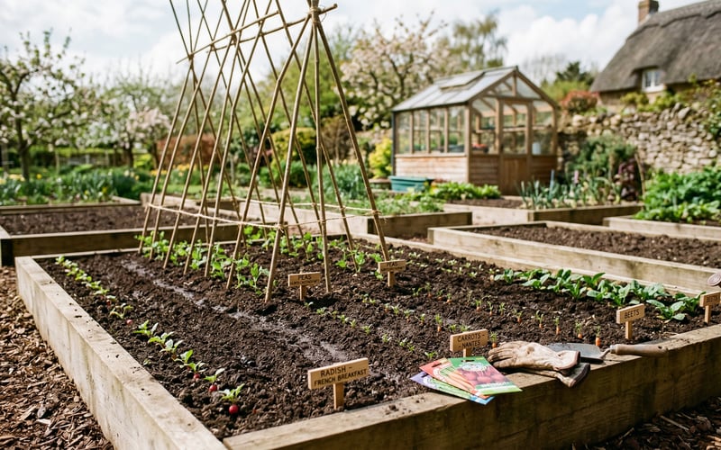 April vegetable garden sowing - raised beds with freshly sown rows of vegetables