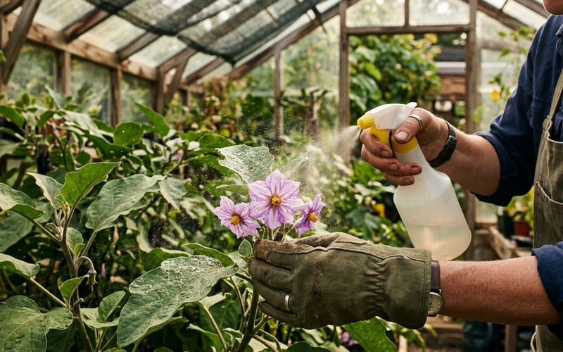 Misting aubergine flowers in a greenhouse to help pollination and fruit set