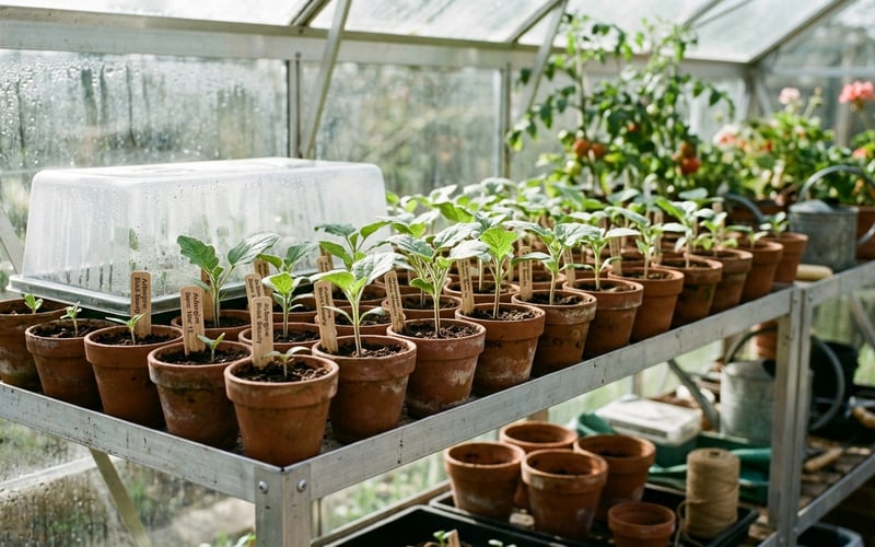 Young aubergine seedlings in pots on greenhouse staging ready for potting on