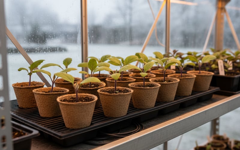 Aubergine seedlings on a heated shelf in a January greenhouse