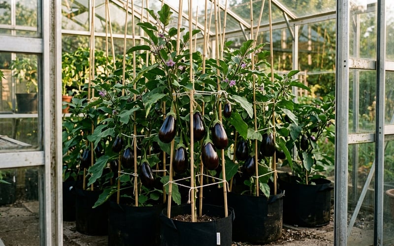 Ripe aubergines growing in grow bags inside a well-ventilated greenhouse