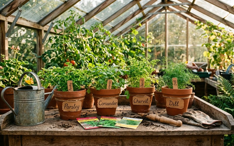 Fresh herb pots on a greenhouse potting bench in August with parsley, coriander, chervil and dill in terracotta pots with handwritten labels
