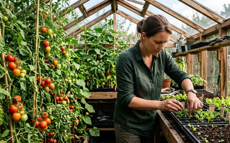 UK greenhouse in August showing summer tomato plants heavy with fruit alongside trays of freshly sown winter lettuce and spinach seedlings