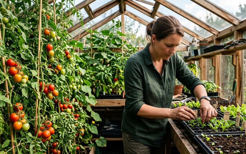 UK greenhouse in August showing summer tomato plants heavy with fruit alongside trays of freshly sown winter lettuce and spinach seedlings